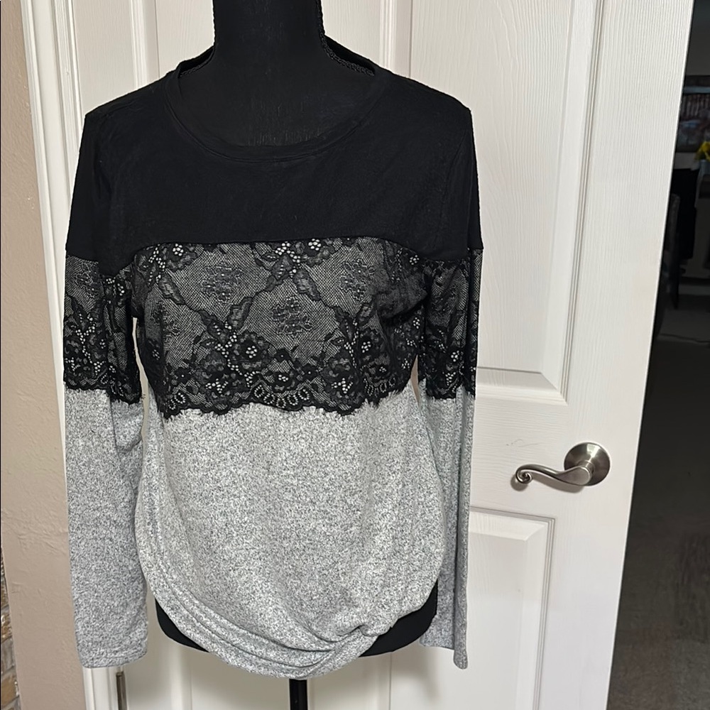 Maurices Black and Gray Lace Long Sleeve Blouse